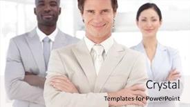  Presentation with team - Beautiful presentation design featuring multi cultural workplace - young business man smiling backdrop and a  colored foreground