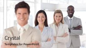  Presentation with business intelligence white robotic arm - Beautiful presentation featuring multi cultural workplace - young business man with arms backdrop and a soft green colored foreground