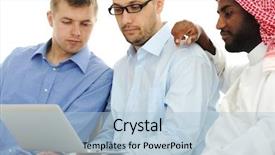  Presentation with international - Amazing slide deck having multi cultural workplace - young people working on laptop backdrop and a light blue colored foreground