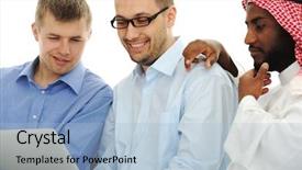  Presentation with young people in the club - Audience pleasing slides consisting of multi cultural workplace - young people working on laptop backdrop and a light blue colored foreground