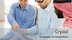  Presentation with international - Cool new PPT layouts with multi cultural workplace - young people working on laptop backdrop and a light blue colored foreground