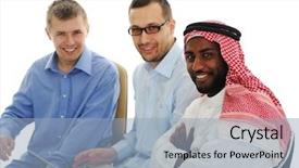  Presentation with young man holdng laptop on lap money - Audience pleasing theme consisting of multi cultural workplace - young people working on laptop backdrop and a light blue colored foreground