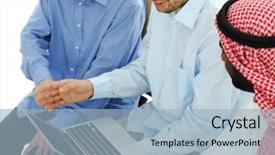  Presentation with young people diversity - Beautiful theme featuring multi cultural workplace - young people working on laptop backdrop and a light blue colored foreground