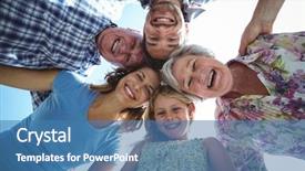  Presentation with huddle - Beautiful slide deck featuring multi directional - cheerful family forming huddle backdrop and a teal colored foreground