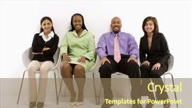 Presentation with multi ethnic group - Amazing presentation theme having multi-ethnic business group of men and women sitting and smiling at viewer backdrop and a coral colored foreground