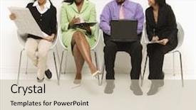  Presentation with multi ethnic group - Slide deck having multi-ethnic business group of men and women sitting looking at laptop and papers background and a mint green colored foreground