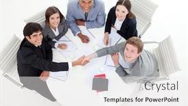  Presentation with ethnic - Audience pleasing presentation theme consisting of multi-ethnic business people greeting each other in a meeting backdrop and a white colored foreground