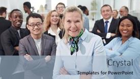  Presentation with ethnic - Cool new PPT theme with multi-ethnic-business-people backdrop and a light blue colored foreground
