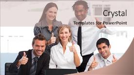  Presentation with team working together - Colorful PPT theme enhanced with multi-ethnic business team working together with thumbs up backdrop and a mint green colored foreground