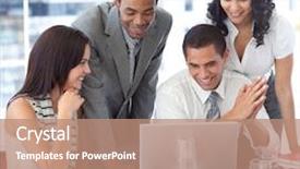  Presentation with team working together - Slide deck featuring multi-ethnic business team working together with a laptop in office background and a coral colored foreground