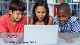  Presentation with classmates - PPT theme having multi ethnic classmates looking at laptop in classroom background and a sky blue colored foreground