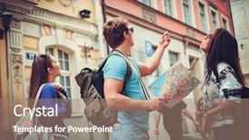  Presentation with city map - Audience pleasing PPT theme consisting of multi ethnic friends tourists backdrop and a coral colored foreground