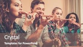  Presentation with multi ethnic group - PPT theme having multi-ethnic friends with pizza background and a coral colored foreground