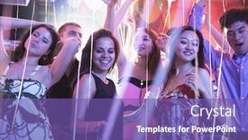  Presentation with multi ethnic group - PPT theme with multi-ethnic group of friends dancing with hands in the air background and a violet colored foreground