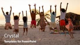  Presentation with multi ethnic group - Audience pleasing PPT theme consisting of multi-ethnic-group-of-friends backdrop and a violet colored foreground