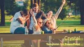  Presentation with ethnic group - Amazing slides having multi-ethnic group of friends taking a selfie with cellphone backdrop and a coral colored foreground