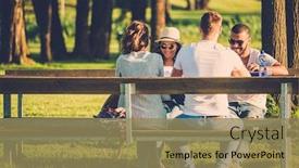  Presentation with multi ethnic group - Cool new slide deck with multi-ethnic group of friends chatting in a park backdrop and a coral colored foreground