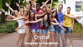  Presentation with multi ethnic group - Colorful PPT theme enhanced with multi-ethnic group of people backdrop and a coral colored foreground