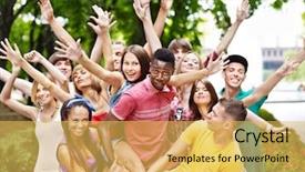  Presentation with multi ethnic group - Audience pleasing PPT theme consisting of multi-ethnic group of people backdrop and a  colored foreground