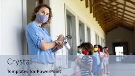  Presentation with children safety - Slides having multi-ethnic-group-of-school background and a light blue colored foreground