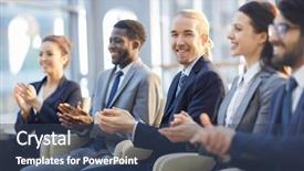  Presentation with focus group - PPT layouts consisting of multi-ethnic group of smiling business people sitting in row in modern glass hall and clapping focus on young cheerful businessman in center background and a ocean colored foreground