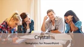  Presentation with ethnic group - Beautiful slide set featuring multi ethnic group of students preparing for exams in home interior behind table backdrop and a coral colored foreground