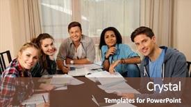  Presentation with multi ethnic group - Colorful slide set enhanced with multi ethnic group of students preparing for exams in home interior behind table backdrop and a tawny brown colored foreground