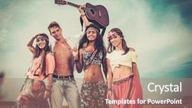  Presentation with hippie - Presentation theme enhanced with multi-ethnic hippie friends with guitar in a wheat field background and a coral colored foreground