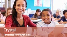  Presentation with elementary school - Slide set featuring multi ethnic kids - portrait of teacher with elementary background and a coral colored foreground