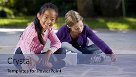  Presentation with work anniversary 7 years - Slide deck enhanced with multi ethnic kids - two girls 7 years drawing background and a ocean colored foreground