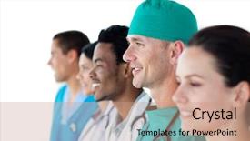  Presentation with ethnic group - Presentation theme consisting of business health blue - multi-ethnic medical group standing background and a coral colored foreground