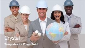  Presentation with ethnic - Presentation theme having multi-ethnic smiling enginner team background and a coral colored foreground