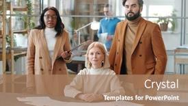  Presentation with human resources - Colorful presentation theme enhanced with multi-ethnic-staff-of-human backdrop and a coral colored foreground