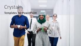  Presentation with team building - Presentation theme featuring multi-ethnic-startup-business-team background and a sky blue colored foreground