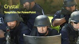  Presentation with shield - Audience pleasing PPT theme consisting of multi ethnic swat officers aiming backdrop and a  colored foreground