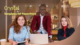  Presentation with managers - Slide deck having multi-ethnic team of three young successful office managers in casualwear sitting by table and having working meeting background and a tawny brown colored foreground