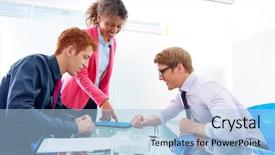  Presentation with ethnic - Beautiful slide set featuring multi ethnic teamwork of young business people meeting working at office backdrop and a light blue colored foreground