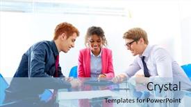  Presentation with ethnic - Audience pleasing presentation design consisting of multi ethnic teamwork of young business people meeting working at office backdrop and a light blue colored foreground