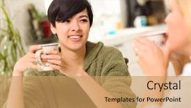  Presentation with ethnic - Beautiful slides featuring multi-ethnic young attractive woman socializing with friend in her kitchen backdrop and a yellow colored foreground