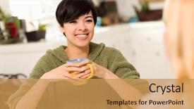  Presentation with ethnic - Presentation design enhanced with multi-ethnic young attractive woman socializing with friend in her kitchen background and a yellow colored foreground
