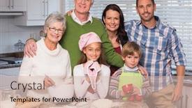  Presentation with generation - Slide deck with multi-generation family baking together at home in the kitchen background and a soft green colored foreground