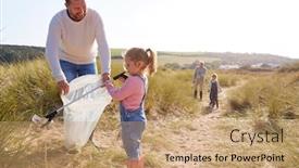  Presentation with beach litter - Presentation theme having multi-generation-family-collecting-litter background and a coral colored foreground