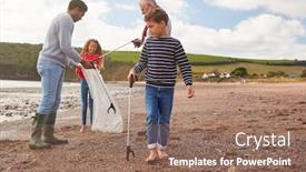  Presentation with beach litter - PPT theme consisting of multi-generation-family-collecting-litter background and a coral colored foreground