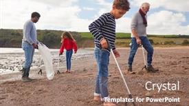  Presentation with beach litter - Colorful PPT theme enhanced with multi-generation-family-collecting-litter backdrop and a violet colored foreground
