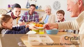  Presentation with generation - Colorful PPT theme enhanced with multi generation family eating lunch backdrop and a coral colored foreground