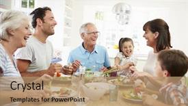  Presentation with generation - Colorful slide set enhanced with multi generation family eating meal backdrop and a coral colored foreground