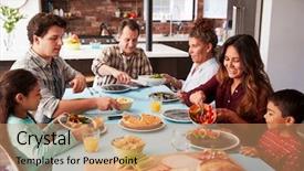  Presentation with generation - Slide set consisting of multi generation family enjoying meal background and a coral colored foreground