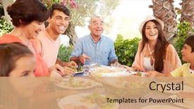  Presentation with generation - Colorful presentation theme enhanced with multi generation family enjoying meal backdrop and a coral colored foreground