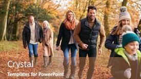  Presentation with woodland - Audience pleasing presentation theme consisting of multi-generation-family-enjoying-walk backdrop and a coral colored foreground