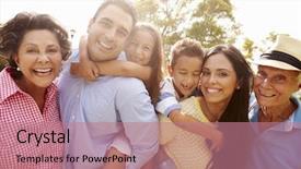  Presentation with generation - Presentation theme consisting of multi generation family having fun background and a coral colored foreground